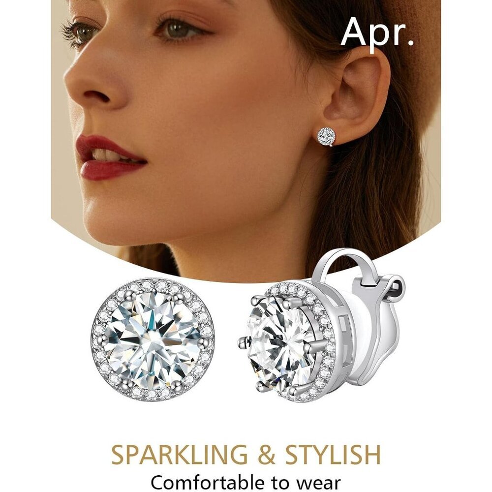 925 Silver Round Birthstone Clip-On Earrings for Women Girls Sparkling Zirconia - Picture 7 of 9